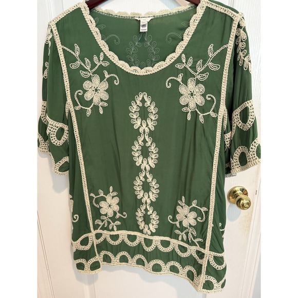 Cato Tops - C Est 1946 Cato Blouse Tunic Top 18/20W Green Embroidered Short Sleeve Boho